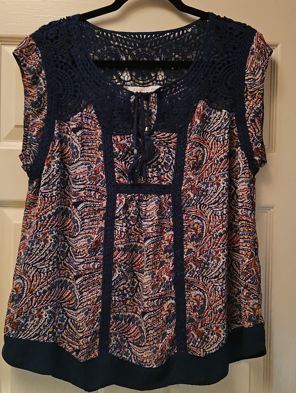 Daniel Rainn Navy Crochet-Yoke Paisley Tunic with Coral Accents
